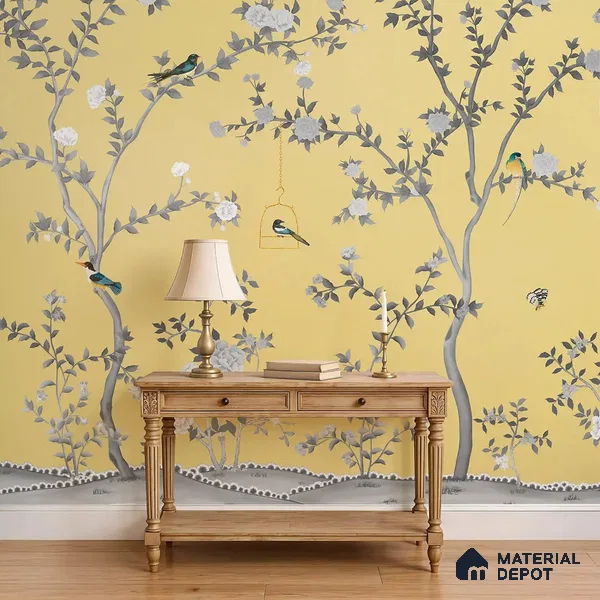 Aura in the Garden, Yellow Chinoiserie Handmade Wallpaper