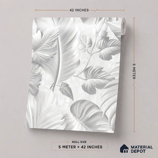 52524-1 | White Embossed Leaves Floral Wallpaper - 5 Meter x 42 Inches, 57.41 Sq. Ft.