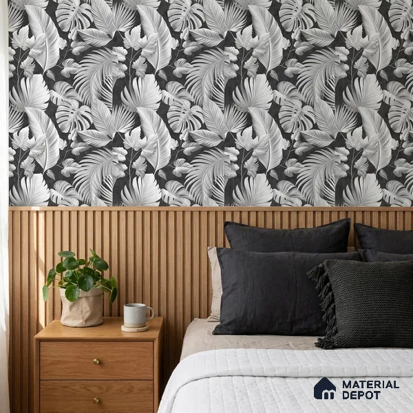 52524-4 | Charcoal Palm Leaves Floral Wallpaper - 5 Meter x 42 Inches, 57.41 Sq. Ft.