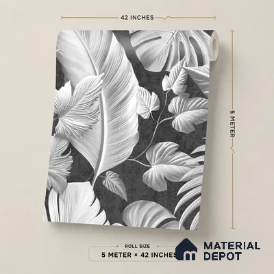52524-4 | Charcoal Palm Leaves Floral Wallpaper - 5 Meter x 42 Inches, 57.41 Sq. Ft.