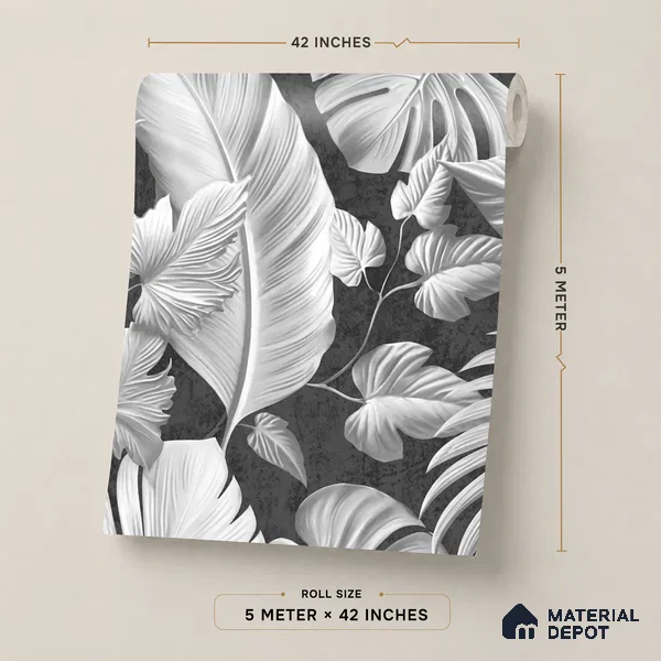 52524-4 | Charcoal Palm Leaves Floral Wallpaper - 5 Meter x 42 Inches, 57.41 Sq. Ft.