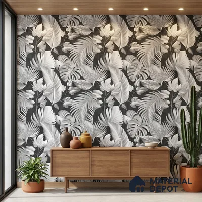 52524-4 | Charcoal Palm Leaves Floral Wallpaper - 5 Meter x 42 Inches, 57.41 Sq. Ft.
