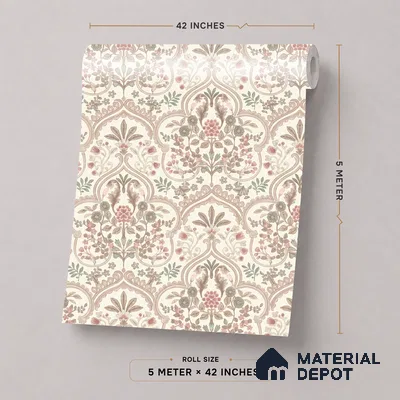 52502-1 | Cream & Red Floral Damask Patterned Wallpaper - 5 Meter x 42 Inches, 57.41 Sq. Ft.
