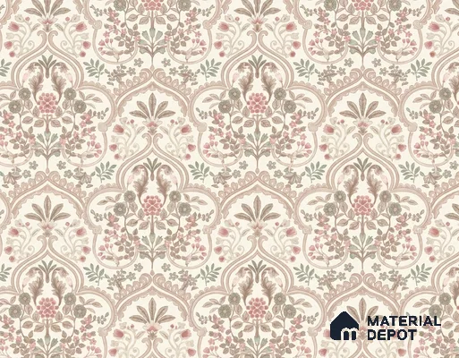 52502-1 | Cream & Red Floral Damask Patterned Wallpaper - 5 Meter x 42 Inches, 57.41 Sq. Ft.