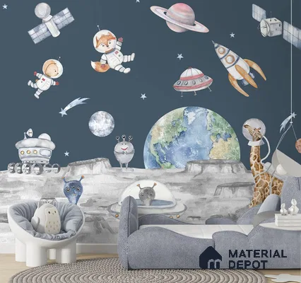 Moon Walk Dark Blue Kids Handmade Wallpaper