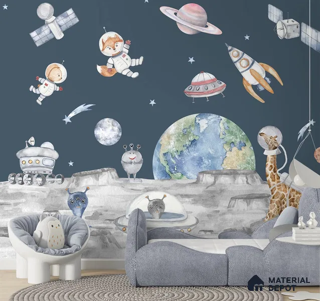 Moon Walk Dark Blue Kids Handmade Wallpaper