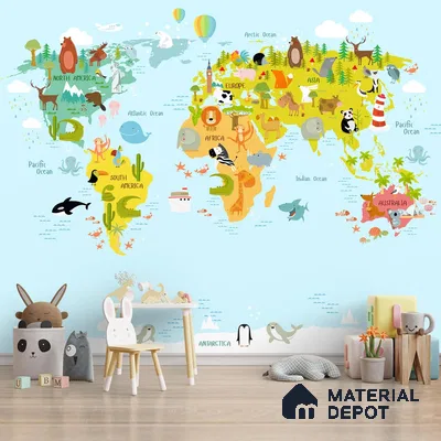 Kids World Map Animals Canvas Wallpaper