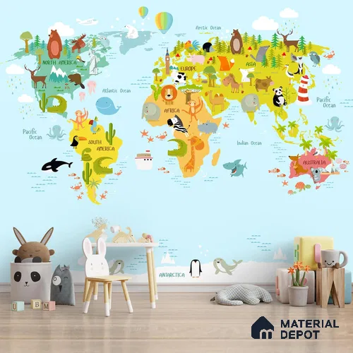 Kids World Map Animals Soft Feel Wallpaper