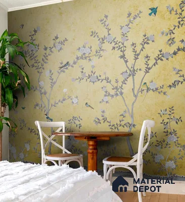 Yellow Aura in the Garden, Luxury Chinoiserie Wallcovering Sukoon Series Handmade Chinoserie Design (Customised Size Wallpaper)