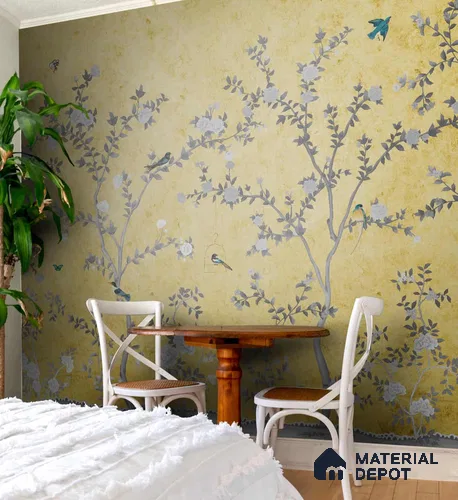 Yellow Aura in the Garden, Luxury Chinoiserie Wallcovering Sukoon Series Handmade Chinoserie Design (Customised Size Wallpaper)