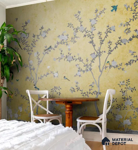 Yellow Aura in the Garden, Luxury Chinoiserie Wallcovering Sukoon Series Handmade Chinoserie Design (Customised Size Wallpaper)