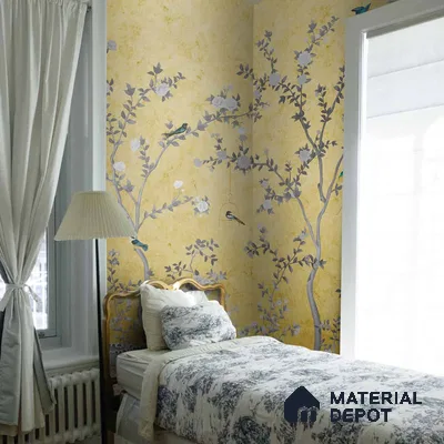 Yellow Aura in the Garden, Luxury Chinoiserie Wallcovering Sukoon Series Handmade Chinoserie Design (Customised Size Wallpaper)