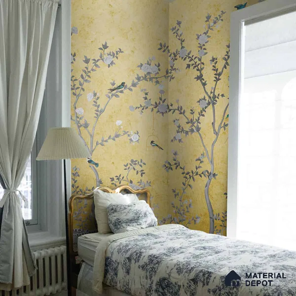 Yellow Aura in the Garden, Luxury Chinoiserie Wallcovering Sukoon Series Handmade Chinoserie Design (Customised Size Wallpaper)