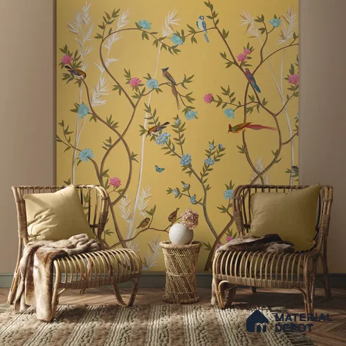 700212 - Yellow Chinoiserie Wallpaper with Flowers and Birds, Customised Sparkla N Shine Series Canvas Chinoserie Design (Customised Size Wallpaper)