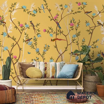 700211 - Yellow Chinoiserie Wallpaper with Flowers and Birds, Customised Sparkla N Shine Series Soft Feel Chinoserie Design (Customised Size Wallpaper)