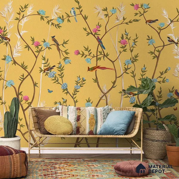 700211 - Yellow Chinoiserie Wallpaper with Flowers and Birds, Customised Sparkla N Shine Series Soft Feel Chinoserie Design (Customised Size Wallpaper)