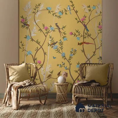 700211 - Yellow Chinoiserie Wallpaper with Flowers and Birds, Customised Sparkla N Shine Series Soft Feel Chinoserie Design (Customised Size Wallpaper)