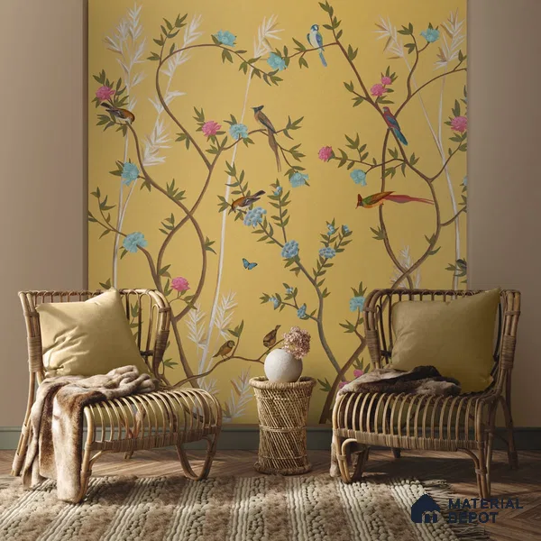 700211 - Yellow Chinoiserie Wallpaper with Flowers and Birds, Customised Sparkla N Shine Series Soft Feel Chinoserie Design (Customised Size Wallpaper)