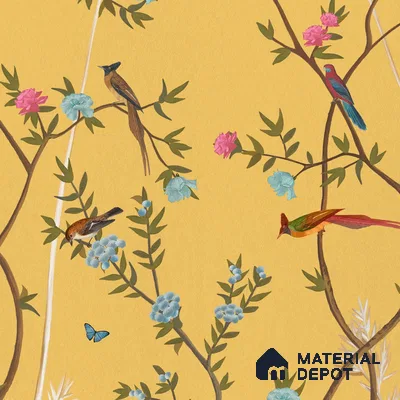 700211 - Yellow Chinoiserie Wallpaper with Flowers and Birds, Customised Sparkla N Shine Series Soft Feel Chinoserie Design (Customised Size Wallpaper)
