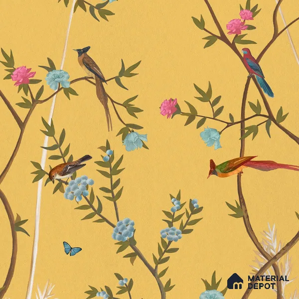 700211 - Yellow Chinoiserie Wallpaper with Flowers and Birds, Customised Sparkla N Shine Series Soft Feel Chinoserie Design (Customised Size Wallpaper)