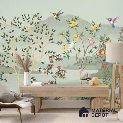 Songbirds of the Lemon Grove Artistic Charm Designer | WP 03998 Non Woven Matte Finish Tropical Style Premium Customized size Wallpaper | 150 GSM WP01MTF Paper | (MOQ = 30 Sq. Ft.)