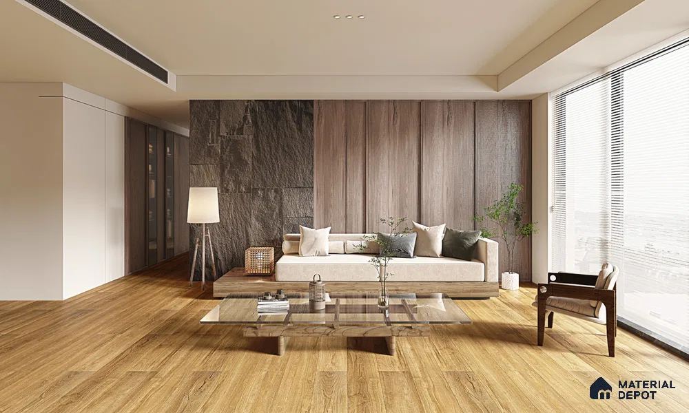 HDF Real Wood Touch Surface Hybrid Laminate Wood Floor AC5 Grade LF 00341 B Immenso Rich Caramel 73 x 9 inch (1845x235 mm) - 10 mm | 100% Water Proof | Anti Static and Stain Resistant | 0.5 mm V Groove | 2G Click Locking Installation | 36 Plank Variations | 25 Years Warranty