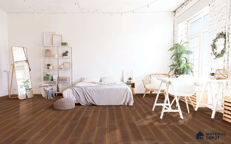 HDF Laminate Wood Floor AC5 Grade LF 00340 D Unify Walnut 48 x 8 inch (1217x197 mm) - 8 mm | 100% Water Proof | Anti Static and Stain Resistant | 0.5 mm V Groove | Embossed In Register (EIR) Surface | Uniclic Installation | 36 Plank Variations