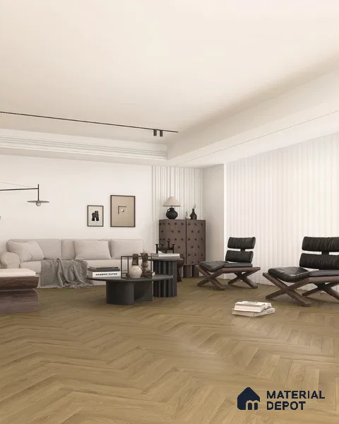 Hybrid HDF Herringbone Embossed Laminate Wood Floor AC5 Grade LF 00346 D Artisan Elder Oak 24 x 4 inch (600x100 mm) - 10 mm | 100 HRS Spill Proof | EIR Surface | Anti Static and Stain Resistant | 0.5 mm V Groove | Uniclic | 48 Plank Variations