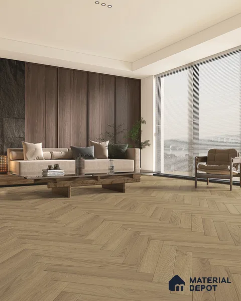 Hybrid HDF Herringbone Embossed Laminate Wood Floor AC5 Grade LF 00346 I Artisan Evening Whisper 24 x 4 inch (600x100 mm) - 10 mm | 100 HRS Spill Proof | EIR Surface | Anti Static and Stain Resistant | 0.5 mm V Groove | Uniclic | 48 Plank Variations