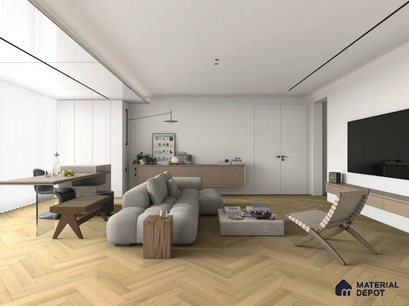 Hybrid HDF Herringbone Embossed Laminate Wood Floor AC5 Grade LF 00346 C Artisan Golden Whisper 24 x 4 inch (600x100 mm) - 10 mm | 100 HRS Spill Proof | EIR Surface | Anti Static and Stain Resistant | 0.5 mm V Groove | Uniclic | 48 Plank Variations