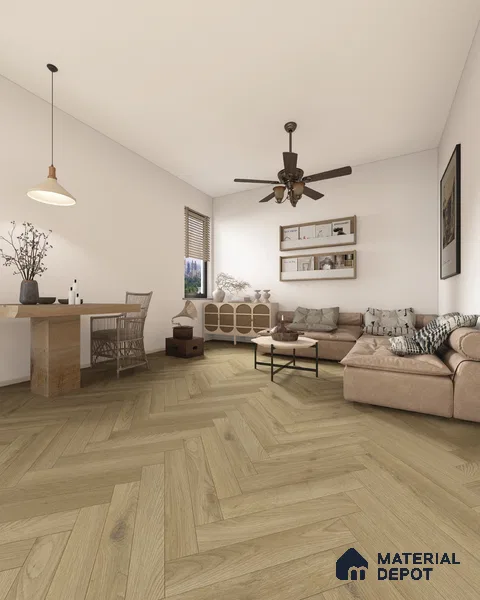 Hybrid HDF Herringbone Embossed Laminate Wood Floor AC5 Grade LF 00346 J Artisan Moorland Mist 24 x 4 inch (600x100 mm) - 10 mm | 100 HRS Spill Proof | EIR Surface | Anti Static and Stain Resistant | 0.5 mm V Groove | Uniclic | 48 Plank Variations