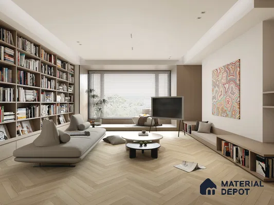 Hybrid HDF Herringbone Embossed Laminate Wood Floor AC5 Grade LF 00346 G Artisan Mystic Morn 24 x 4 inch (600x100 mm) - 10 mm | 100 HRS Spill Proof | EIR Surface | Anti Static and Stain Resistant | 0.5 mm V Groove | Uniclic | 48 Plank Variations