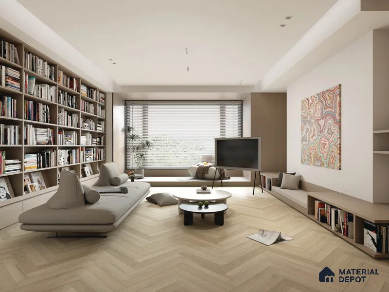 Hybrid HDF Herringbone Embossed Laminate Wood Floor AC5 Grade LF 00346 G Artisan Mystic Morn 24 x 4 inch (600x100 mm) - 10 mm | 100 HRS Spill Proof | EIR Surface | Anti Static and Stain Resistant | 0.5 mm V Groove | Uniclic | 48 Plank Variations