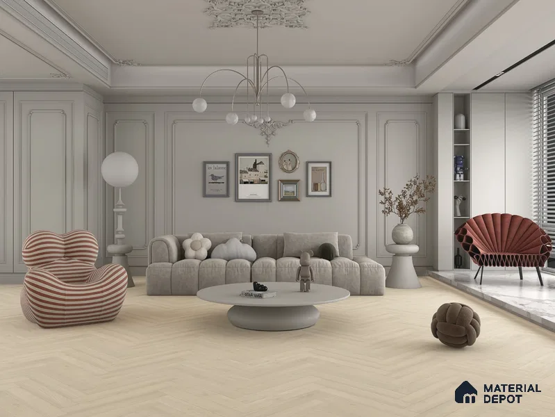 Hybrid HDF Herringbone Laminate Wood Floor AC5 Grade LF 00343 E Beaconia Ember Light 24 x 4 inch (600x100 mm) - 8 mm | 100 HRS Spill Proof | ESCT Technology | Anti Static and Stain Resistant | 0.5 mm V Groove | EIR Surface | Uniclic Installation | 48 Plank Variations