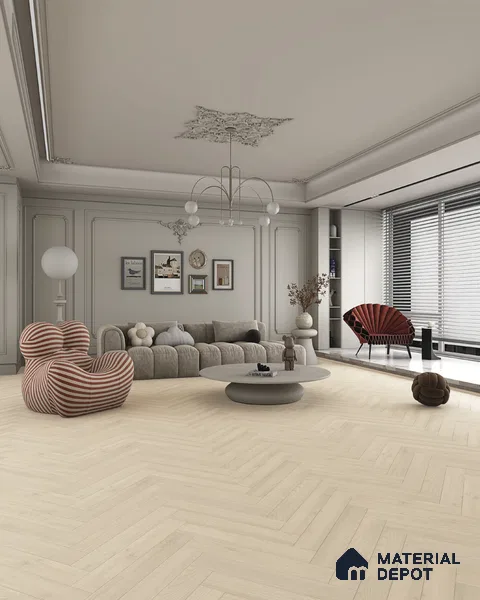 Hybrid HDF Herringbone Laminate Wood Floor AC5 Grade LF 00343 E Beaconia Ember Light 24 x 4 inch (600x100 mm) - 8 mm | 100 HRS Spill Proof | ESCT Technology | Anti Static and Stain Resistant | 0.5 mm V Groove | EIR Surface | Uniclic Installation | 48 Plank Variations