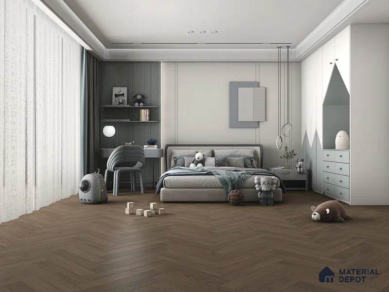 Hybrid HDF Herringbone Laminate Wood Floor AC5 Grade LF 00343 H Beaconia Forest Nocturne 24 x 4 inch (600x100 mm) - 8 mm | 100 HRS Spill Proof | ESCT Technology | Anti Static and Stain Resistant | 0.5 mm V Groove | EIR Surface | Uniclic Installation | 48 Plank Variations