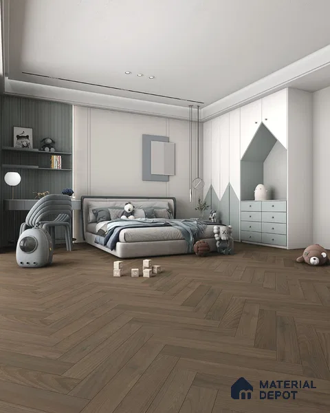 Hybrid HDF Herringbone Laminate Wood Floor AC5 Grade LF 00343 H Beaconia Forest Nocturne 24 x 4 inch (600x100 mm) - 8 mm | 100 HRS Spill Proof | ESCT Technology | Anti Static and Stain Resistant | 0.5 mm V Groove | EIR Surface | Uniclic Installation | 48 Plank Variations
