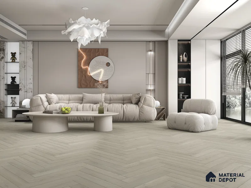 Hybrid HDF Herringbone Laminate Wood Floor AC5 Grade LF 00343 C Beaconia Hazelnut Glow 24 x 4 inch (600x100 mm) - 8 mm | 100 HRS Spill Proof | ESCT Technology | Anti Static and Stain Resistant | 0.5 mm V Groove | EIR Surface | Uniclic Installation | 48 Plank Variations