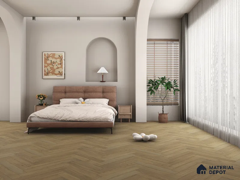 Hybrid HDF Herringbone Laminate Wood Floor AC5 Grade LF 00343 G Beaconia Sepia Silk 24 x 4 inch (600x100 mm) - 8 mm | 100 HRS Spill Proof | ESCT Technology | Anti Static and Stain Resistant | 0.5 mm V Groove | EIR Surface | Uniclic Installation | 48 Plank Variations