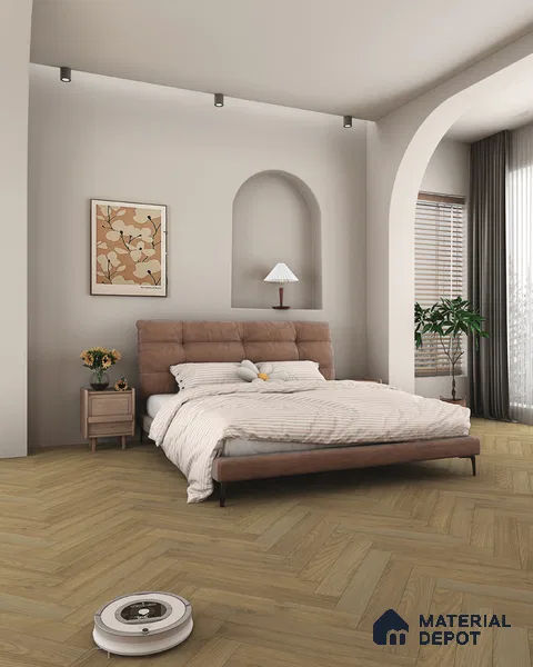 Hybrid HDF Herringbone Laminate Wood Floor AC5 Grade LF 00343 G Beaconia Sepia Silk 24 x 4 inch (600x100 mm) - 8 mm | 100 HRS Spill Proof | ESCT Technology | Anti Static and Stain Resistant | 0.5 mm V Groove | EIR Surface | Uniclic Installation | 48 Plank Variations