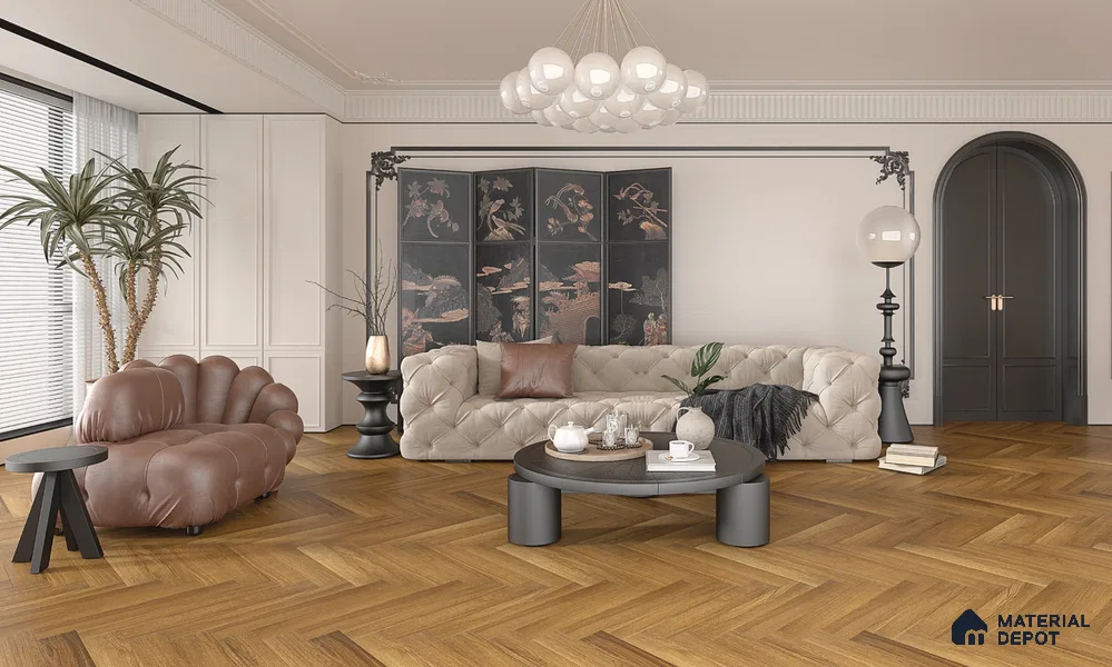 Hybrid HDF Herringbone Embossed Laminate Wood Floor AC5 Grade LF 00344 E Livanti Classic Walnut 24 x 4 inch (600x100 mm) - 10 mm | 100 HRS Spill Proof | ESCT Technology | Anti Static and Stain Resistant | 0.5 mm V Groove | 2G Click Lock | 36 Plank Variations | 25 Years Guarantee
