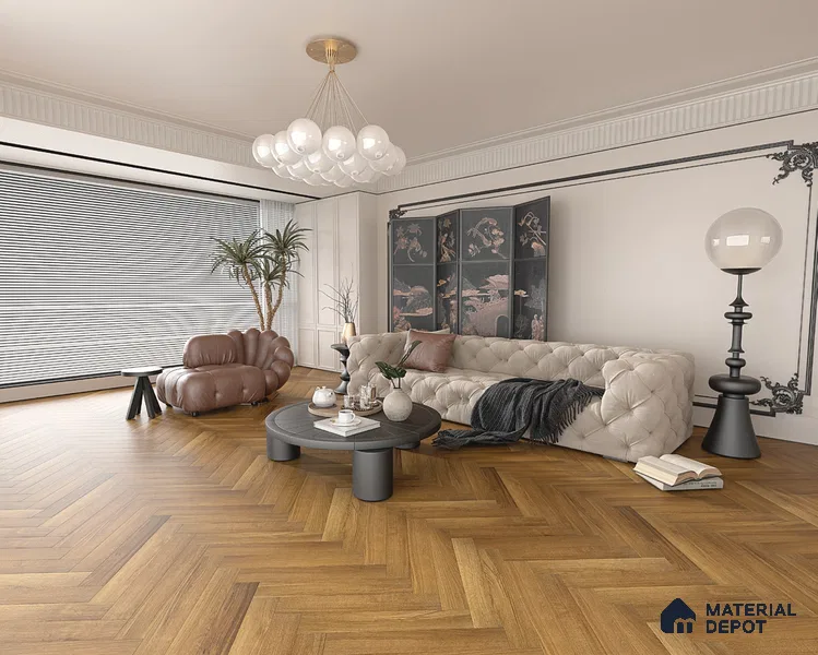 Hybrid HDF Herringbone Embossed Laminate Wood Floor AC5 Grade LF 00344 E Livanti Classic Walnut 24 x 4 inch (600x100 mm) - 10 mm | 100 HRS Spill Proof | ESCT Technology | Anti Static and Stain Resistant | 0.5 mm V Groove | 2G Click Lock | 36 Plank Variations | 25 Years Guarantee