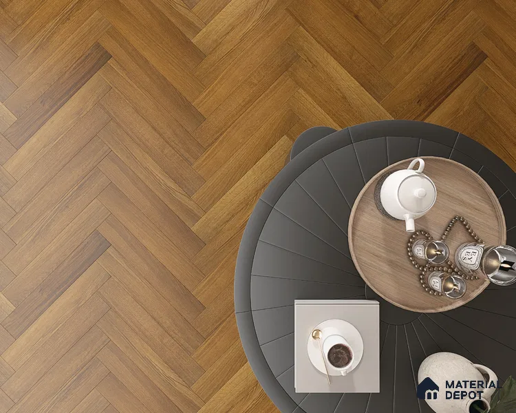 Hybrid HDF Herringbone Embossed Laminate Wood Floor AC5 Grade LF 00344 E Livanti Classic Walnut 24 x 4 inch (600x100 mm) - 10 mm | 100 HRS Spill Proof | ESCT Technology | Anti Static and Stain Resistant | 0.5 mm V Groove | 2G Click Lock | 36 Plank Variations | 25 Years Guarantee
