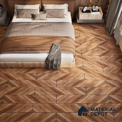 HDF Fish Bone Laminate Wood Floor AC5 Class 33 Grade Chevron Tuscan Harvest Neo LF 00302 D 48 x 12 inch (1220x300 mm) - 8 mm | Natural Wood Grain Surface | V Groove | Unilin Click Locking System Unilin Click Locking System with Moisture Resistant Yellow Backing | European Designs | 12-15 Years Warranty