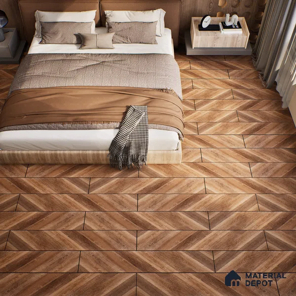HDF Fish Bone Laminate Wood Floor AC5 Class 33 Grade Chevron Tuscan Harvest Neo LF 00302 D 48 x 12 inch (1220x300 mm) - 8 mm | Natural Wood Grain Surface | V Groove | Unilin Click Locking System Unilin Click Locking System with Moisture Resistant Yellow Backing | European Designs | 12-15 Years Warranty