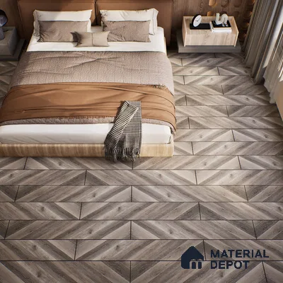 HDF Fish Bone Laminate Wood Floor AC5 Class 33 Grade Chevron Ash Oak Noir LF 00302 48 x 12 inch (1220x300 mm) - 8 mm | Natural Wood Grain Surface | V Groove | Unilin Click Locking System Unilin Click Locking System with Moisture Resistant Yellow Backing | European Designs | 12-15 Years Warranty