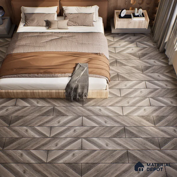 HDF Fish Bone Laminate Wood Floor AC5 Class 33 Grade Chevron Ash Oak Noir LF 00302 48 x 12 inch (1220x300 mm) - 8 mm | Natural Wood Grain Surface | V Groove | Unilin Click Locking System Unilin Click Locking System with Moisture Resistant Yellow Backing | European Designs | 12-15 Years Warranty