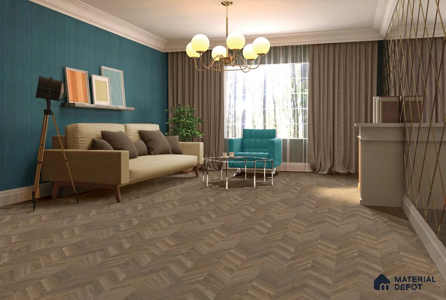 HDF Chevron Authentic Embossed Laminate Wood Floor AC5 Grade LF 00330 D Patternia Milk Chocolate 48 x 12 inch (1215x300 mm) - 8 mm | Aqua Protect 12 Hours Water Resistance | Anti Static and Stain Resistant | 0.5 mm V Groove | Real Wood Touch Surface | Uniclic Installation | 14 Plank Variations | 20 Years Warranty
