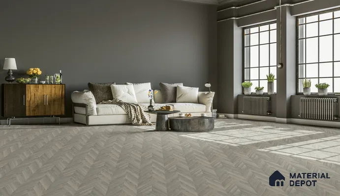 HDF Chevron Authentic Embossed Laminate Wood Floor AC5 Grade LF 00330 Patternia Mont Blanc 48 x 12 inch (1215x300 mm) - 8 mm | Aqua Protect 12 Hours Water Resistance | Anti Static and Stain Resistant | 0.5 mm V Groove | Real Wood Touch Surface | Uniclic Installation | 14 Plank Variations | 20 Years Warranty