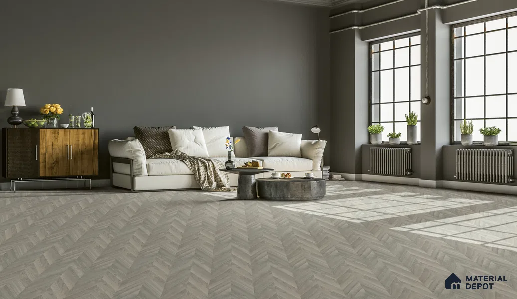HDF Chevron Authentic Embossed Laminate Wood Floor AC5 Grade LF 00330 Patternia Mont Blanc 48 x 12 inch (1215x300 mm) - 8 mm | Aqua Protect 12 Hours Water Resistance | Anti Static and Stain Resistant | 0.5 mm V Groove | Real Wood Touch Surface | Uniclic Installation | 14 Plank Variations | 20 Years Warranty
